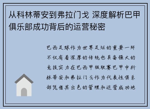 从科林蒂安到弗拉门戈 深度解析巴甲俱乐部成功背后的运营秘密