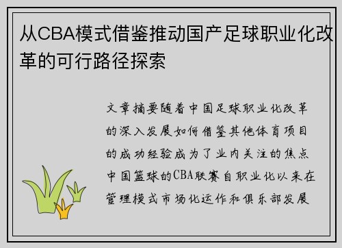 从CBA模式借鉴推动国产足球职业化改革的可行路径探索