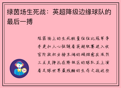 绿茵场生死战：英超降级边缘球队的最后一搏
