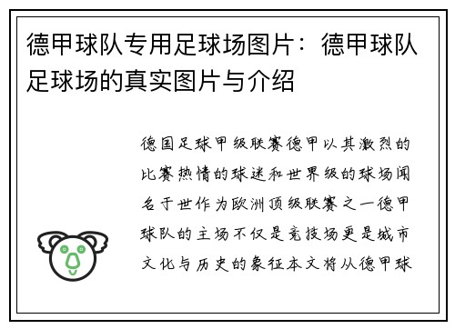 德甲球队专用足球场图片：德甲球队足球场的真实图片与介绍